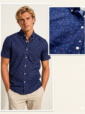 J. Crew Slim Fit Navy Short-Sleeve Button-Down with Red White Blue Micro Dots